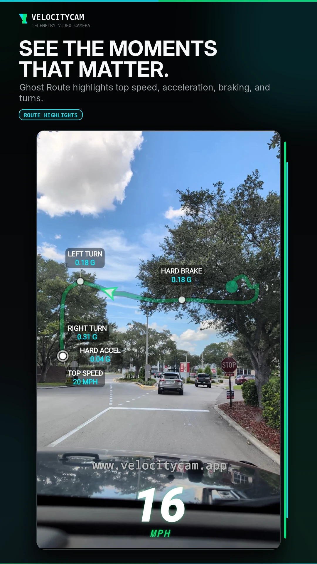 VelocityCam Ghost Route view showing markers for top speed, acceleration, braking, and turns.