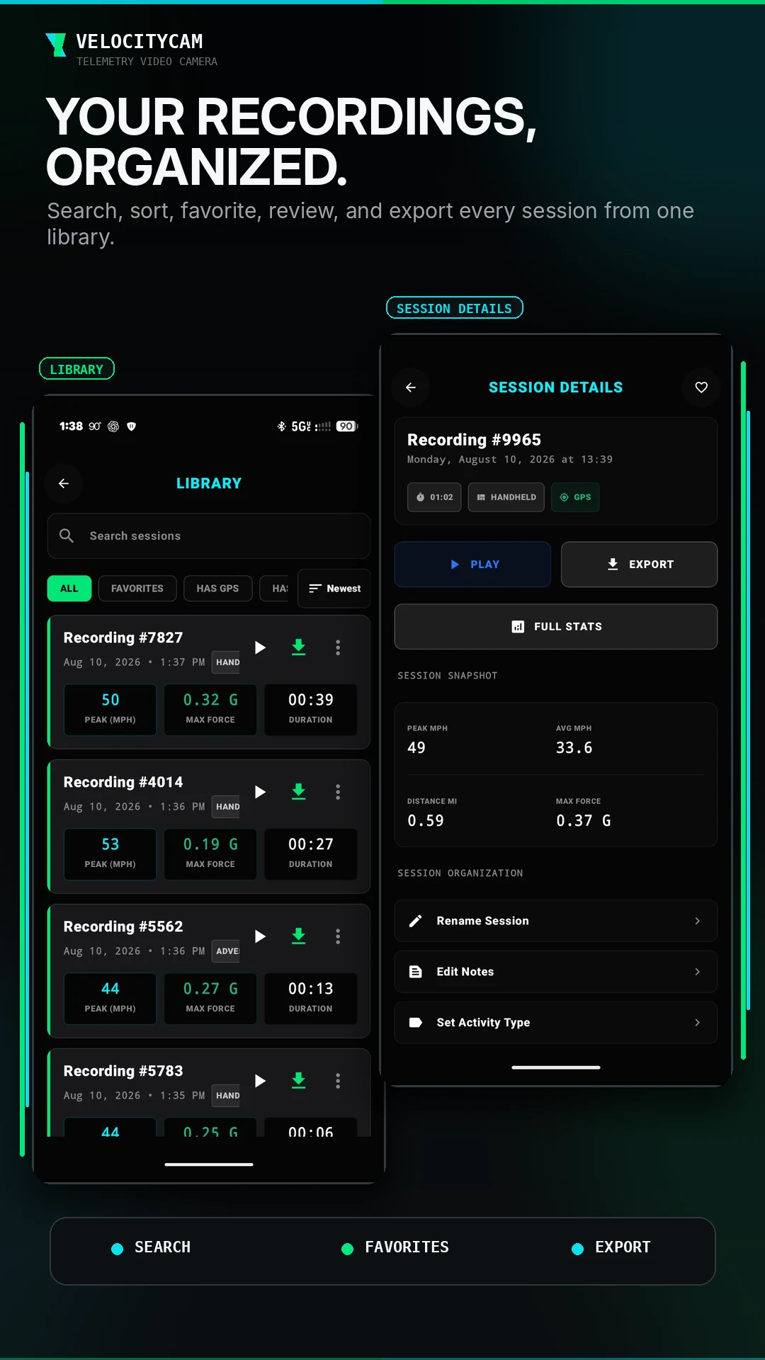 VelocityCam Library and Session Details screens showing saved recordings, session stats, playback, and export controls.