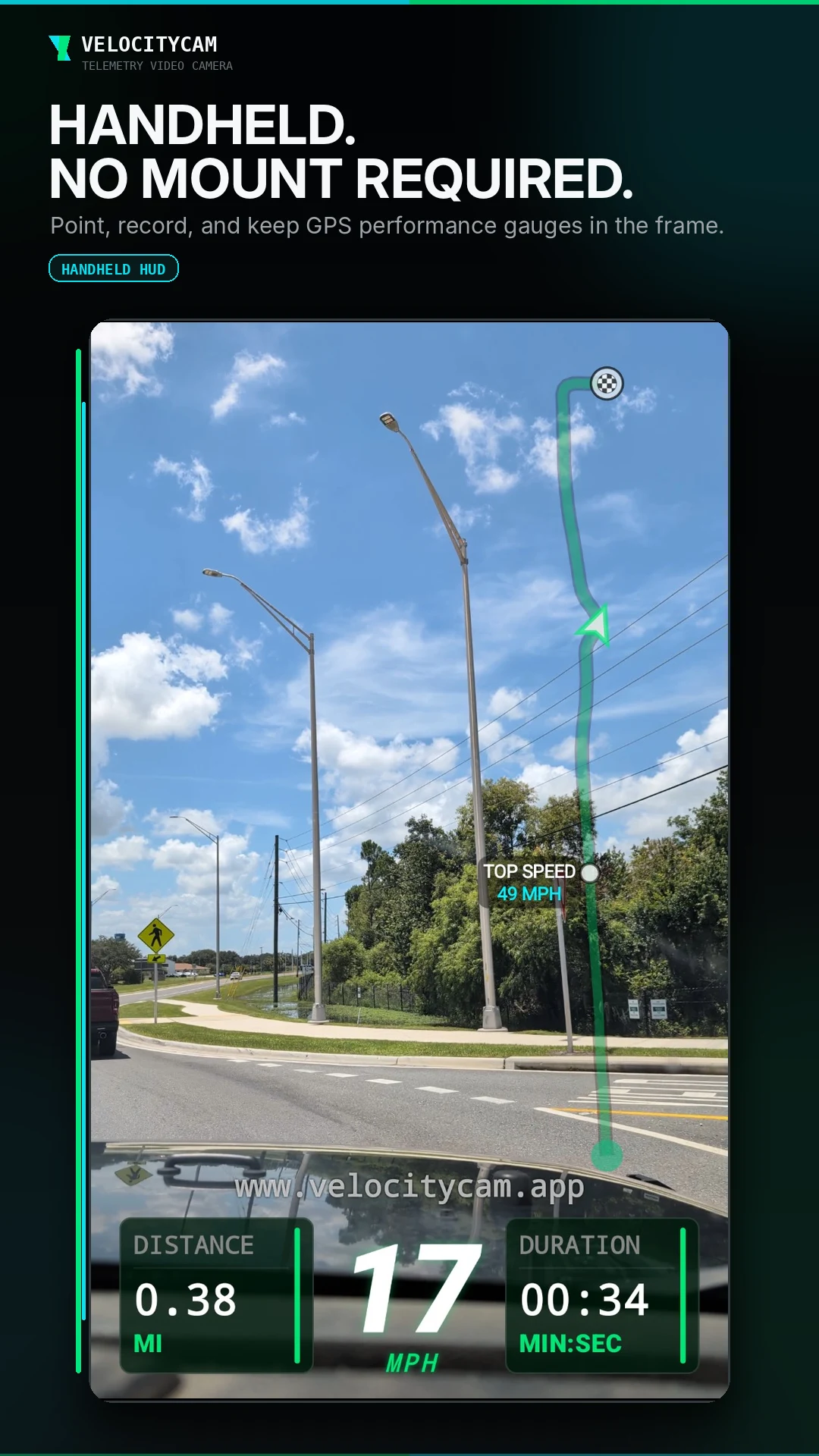 VelocityCam Handheld HUD showing distance, duration, and current speed, with Route Trace and a top-speed marker from playback and export imagery.